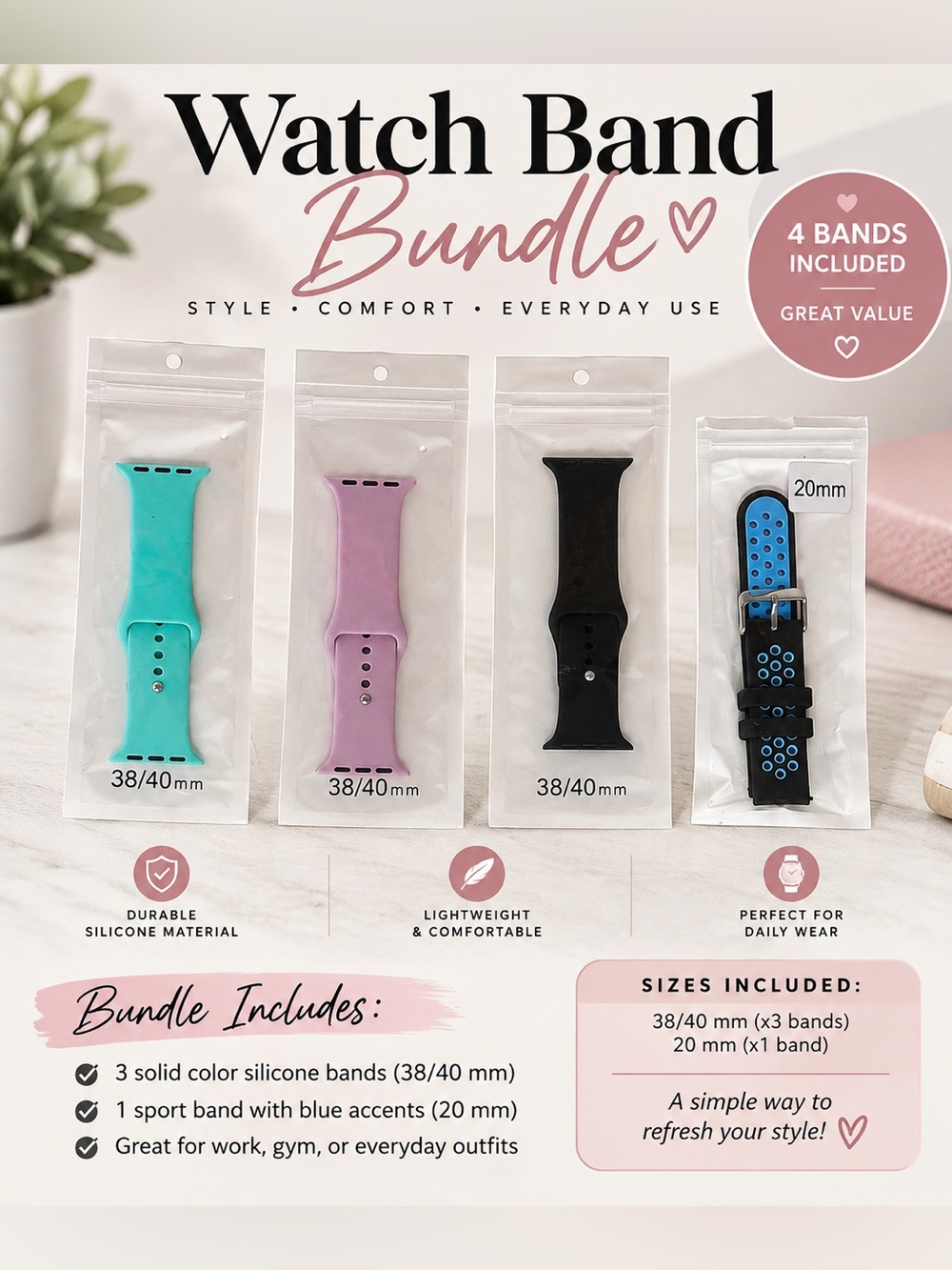 Silicone Watch Band Bundle - Black, Turquoise, Lavender & Black/Blue